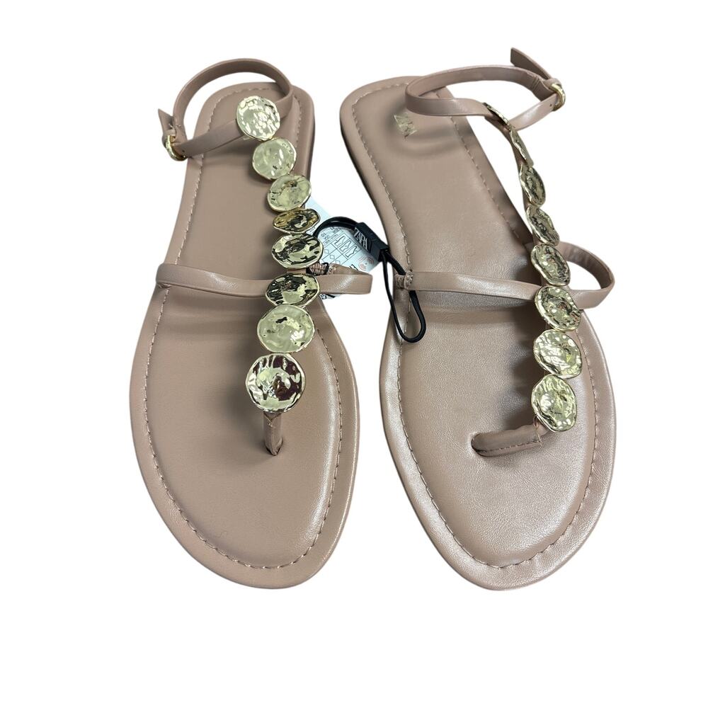 NWT Zara Nude and Gold Flat Sandals Sz 10